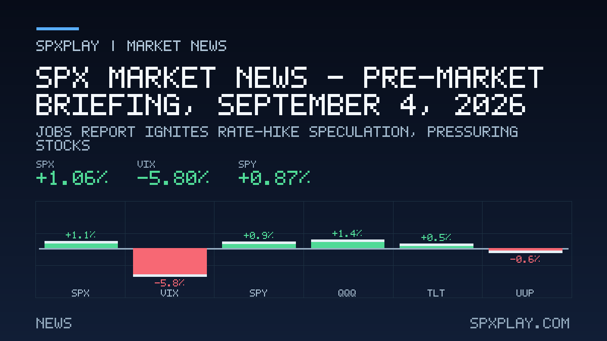 Market news graphic for SPX Market News — Pre-market briefing, September 4, 2026: Jobs Report Ignites Rate-Hike Speculation, Pressuring Stocks