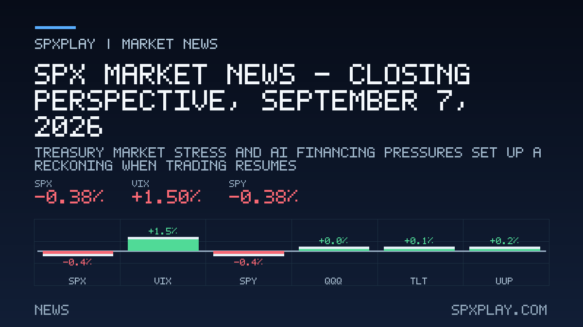 Market news graphic for SPX Market News — Closing perspective, September 7, 2026: Treasury Market Stress and AI Financing Pressures Set Up a…
