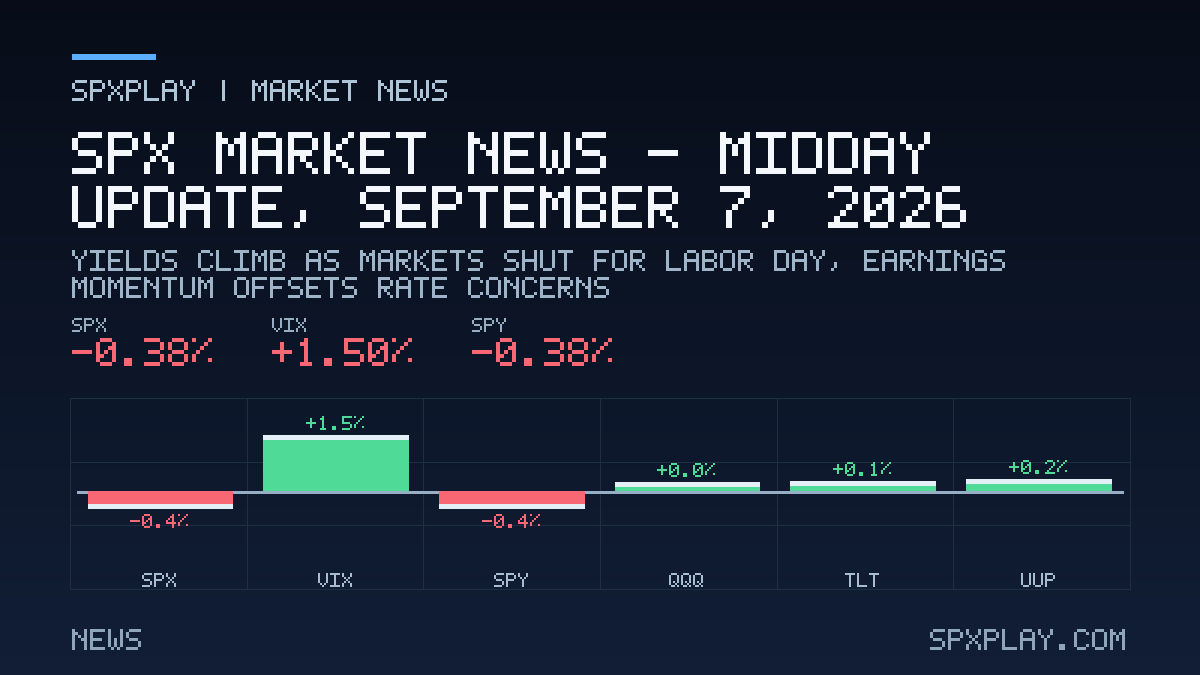 Market news graphic for SPX Market News — Midday update, September 7, 2026: Yields Climb as Markets Shut for Labor Day, Earnings Momentum Offsets…