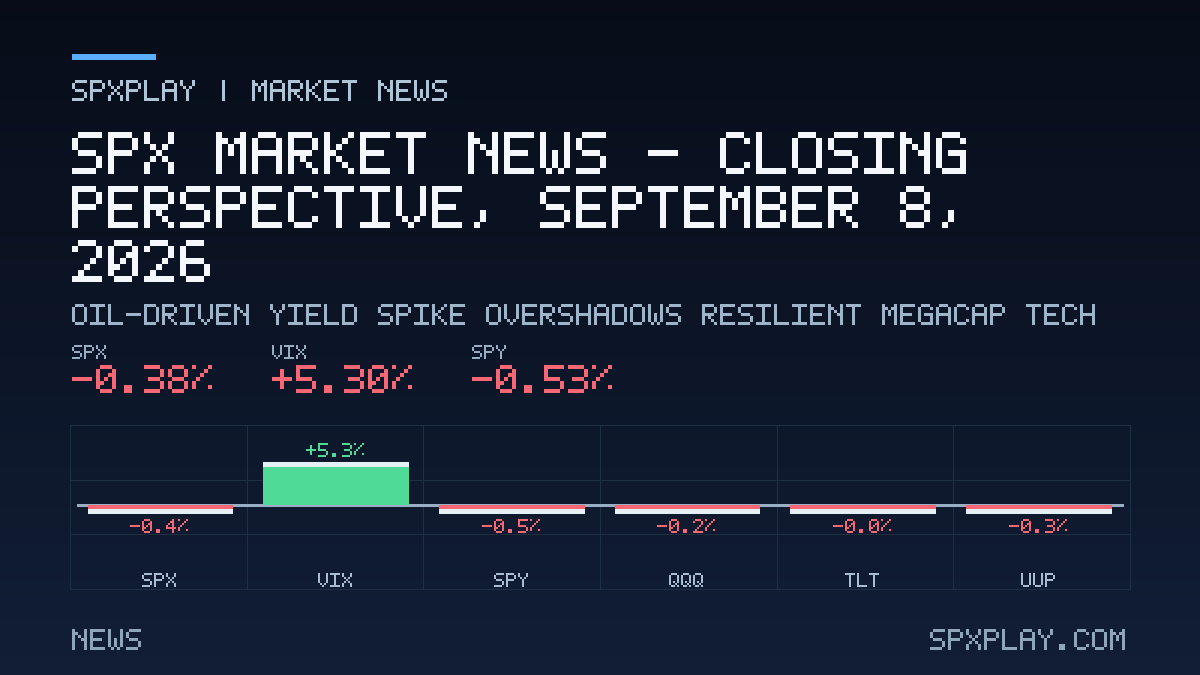 Market news graphic for SPX Market News — Closing perspective, September 8, 2026: Oil-Driven Yield Spike Overshadows Resilient Megacap Tech