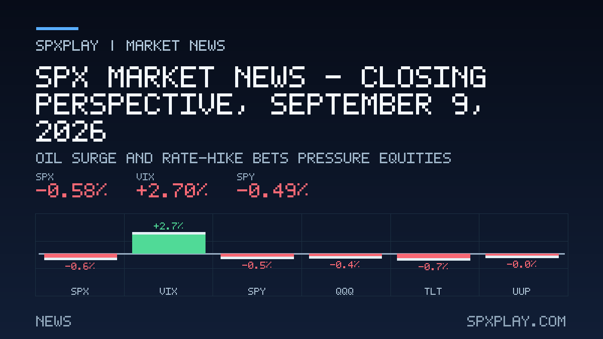 Market news graphic for SPX Market News — Closing perspective, September 9, 2026: Oil surge and rate-hike bets pressure equities
