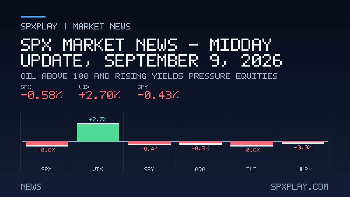 Market news graphic for SPX Market News — Midday update, September 9, 2026: Oil above $100 and rising yields pressure equities