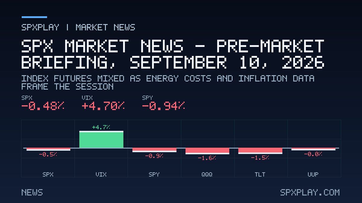 Market news graphic for SPX Market News — Pre-market briefing, September 10, 2026: Index Futures Mixed as Energy Costs and Inflation Data Frame the…