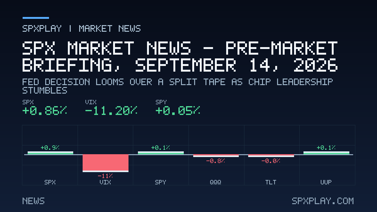 Market news graphic for SPX Market News — Pre-market briefing, September 14, 2026: Fed Decision Looms Over a Split Tape as Chip Leadership Stumbles