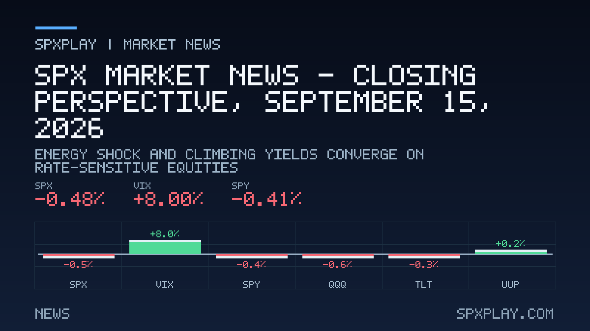 Market news graphic for SPX Market News — Closing perspective, September 15, 2026: Energy Shock and Climbing Yields Converge on Rate-Sensitive…