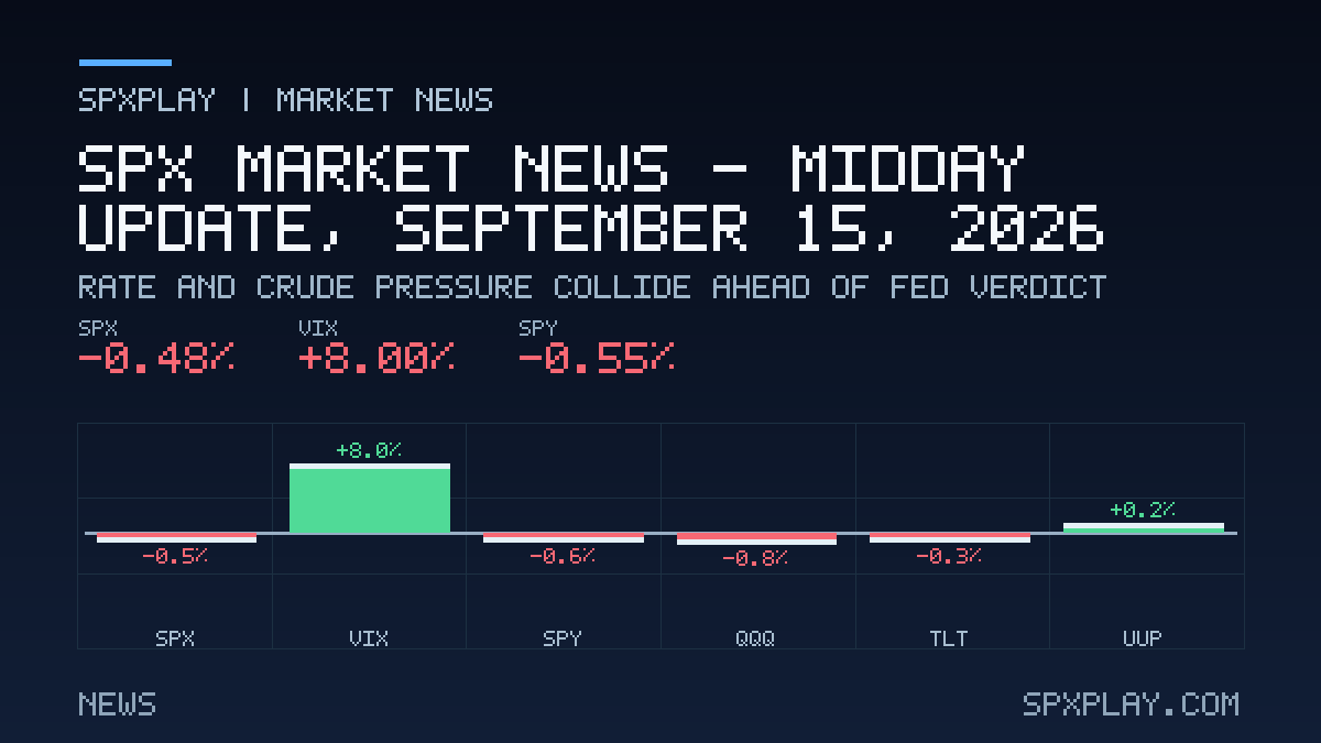Market news graphic for SPX Market News — Midday update, September 15, 2026: Rate and Crude Pressure Collide Ahead of Fed Verdict