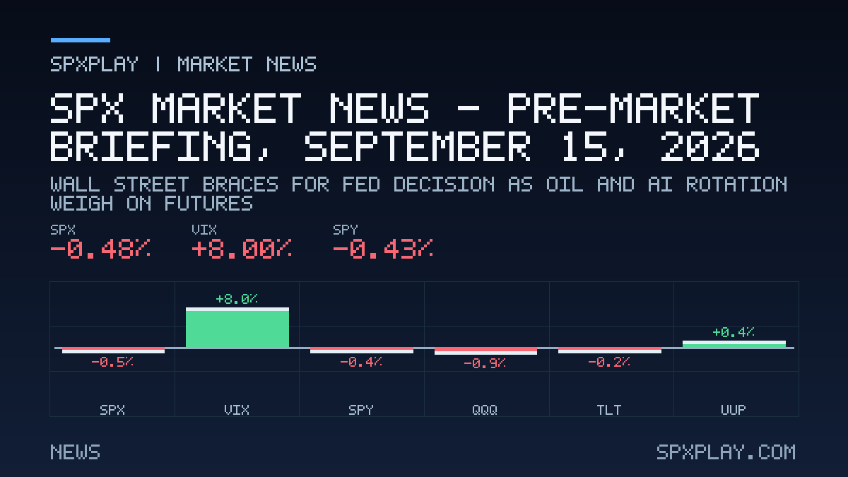 Market news graphic for SPX Market News — Pre-market briefing, September 15, 2026: Wall Street Braces for Fed Decision as Oil and AI Rotation Weigh…