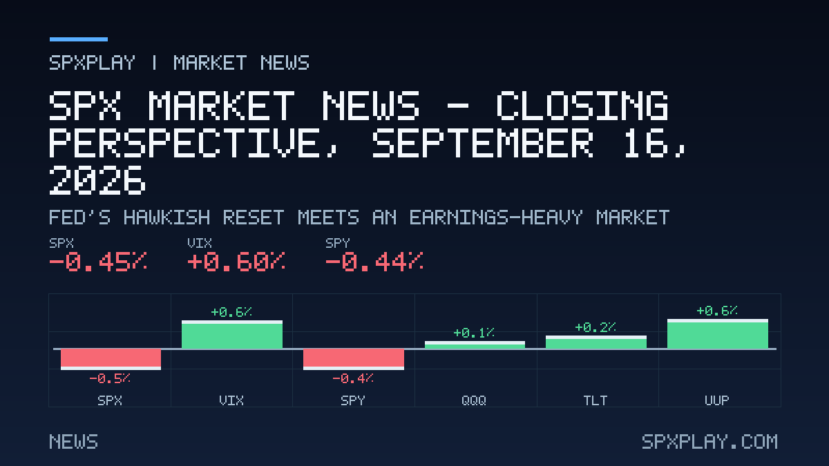 Market news graphic for SPX Market News — Closing perspective, September 16, 2026: Fed's Hawkish Reset Meets an Earnings-Heavy Market