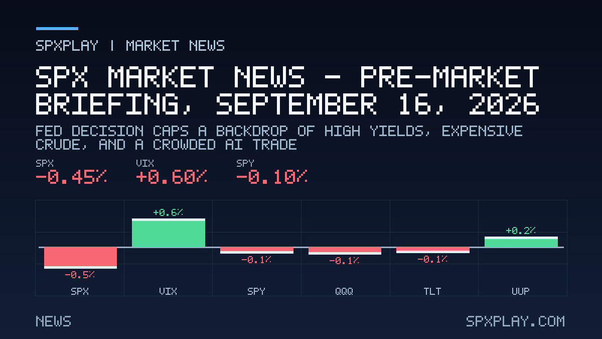 Market news graphic for SPX Market News — Pre-market briefing, September 16, 2026: Fed Decision Caps a Backdrop of High Yields, Expensive Crude, and…