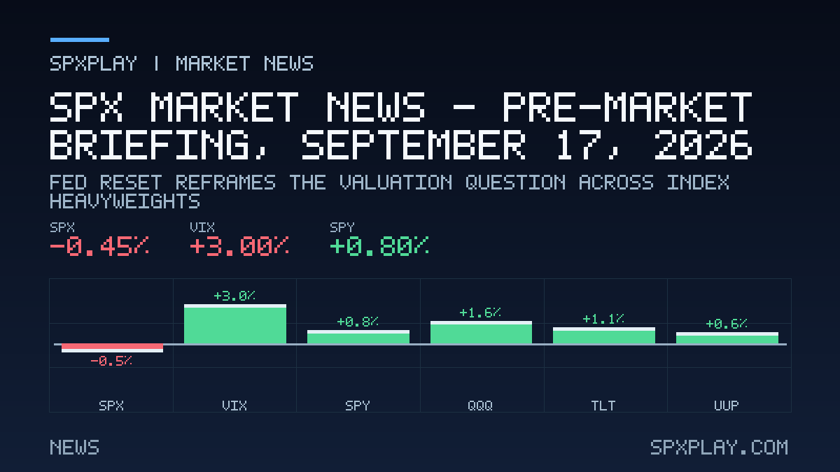 Market news graphic for SPX Market News — Pre-market briefing, September 17, 2026: Fed Reset Reframes the Valuation Question Across Index Heavyweights