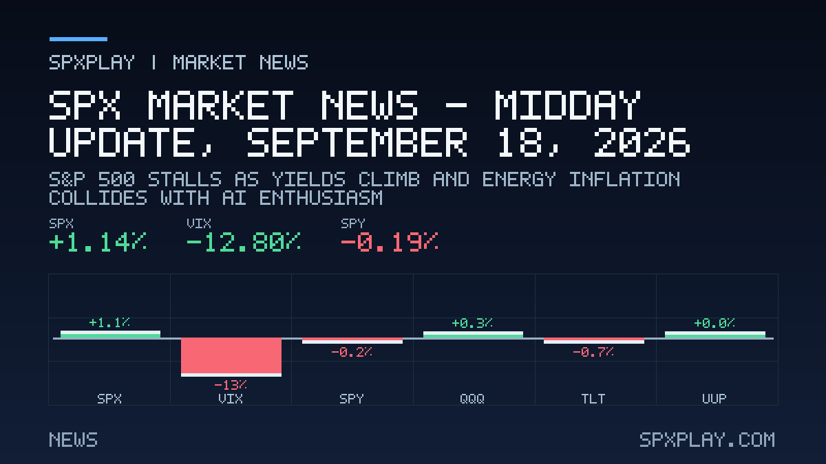 Market news graphic for SPX Market News — Midday update, September 18, 2026: S&P 500 Stalls as Yields Climb and Energy Inflation Collides With AI…
