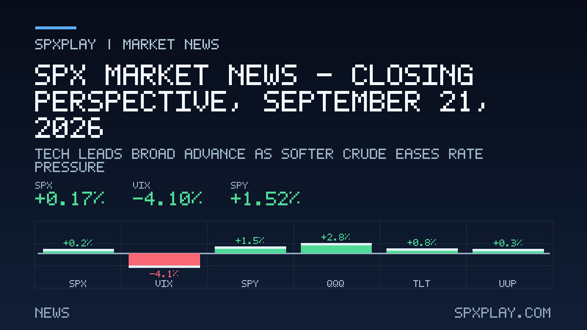 Market news graphic for SPX Market News — Closing perspective, September 21, 2026: Tech Leads Broad Advance as Softer Crude Eases Rate Pressure