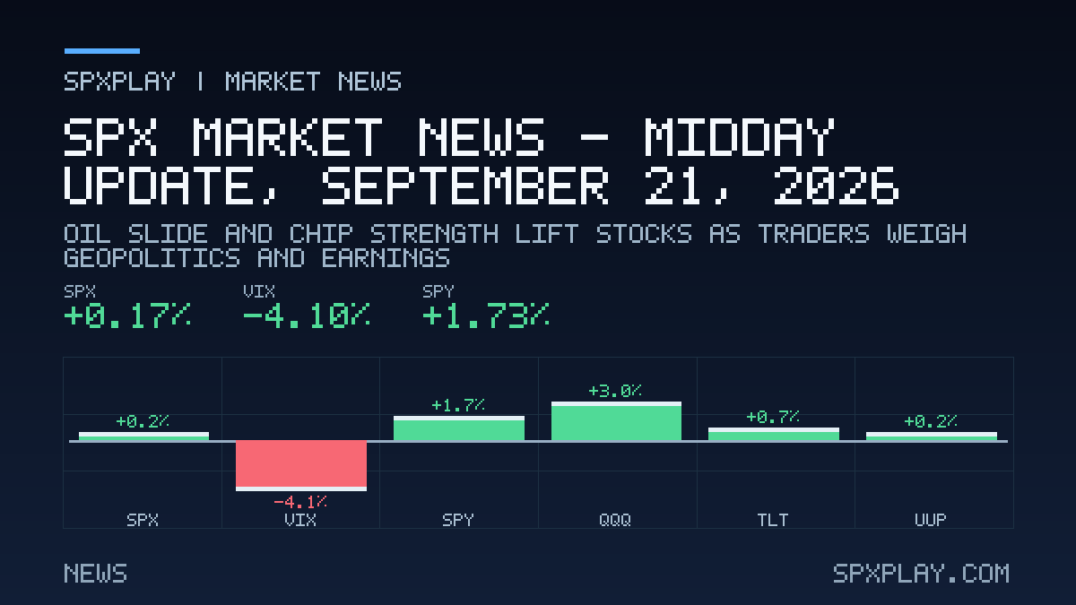 Market news graphic for SPX Market News — Midday update, September 21, 2026: Oil Slide and Chip Strength Lift Stocks as Traders Weigh Geopolitics…