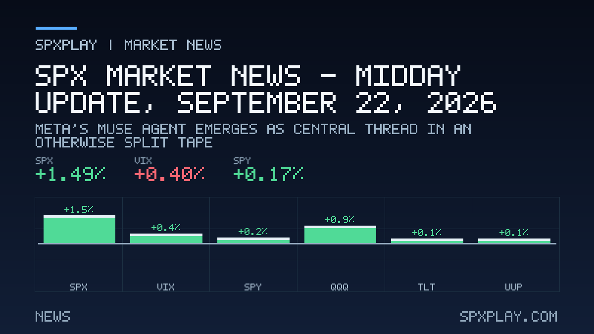Market news graphic for SPX Market News — Midday update, September 22, 2026: Meta's Muse Agent Emerges as Central Thread in an Otherwise Split Tape