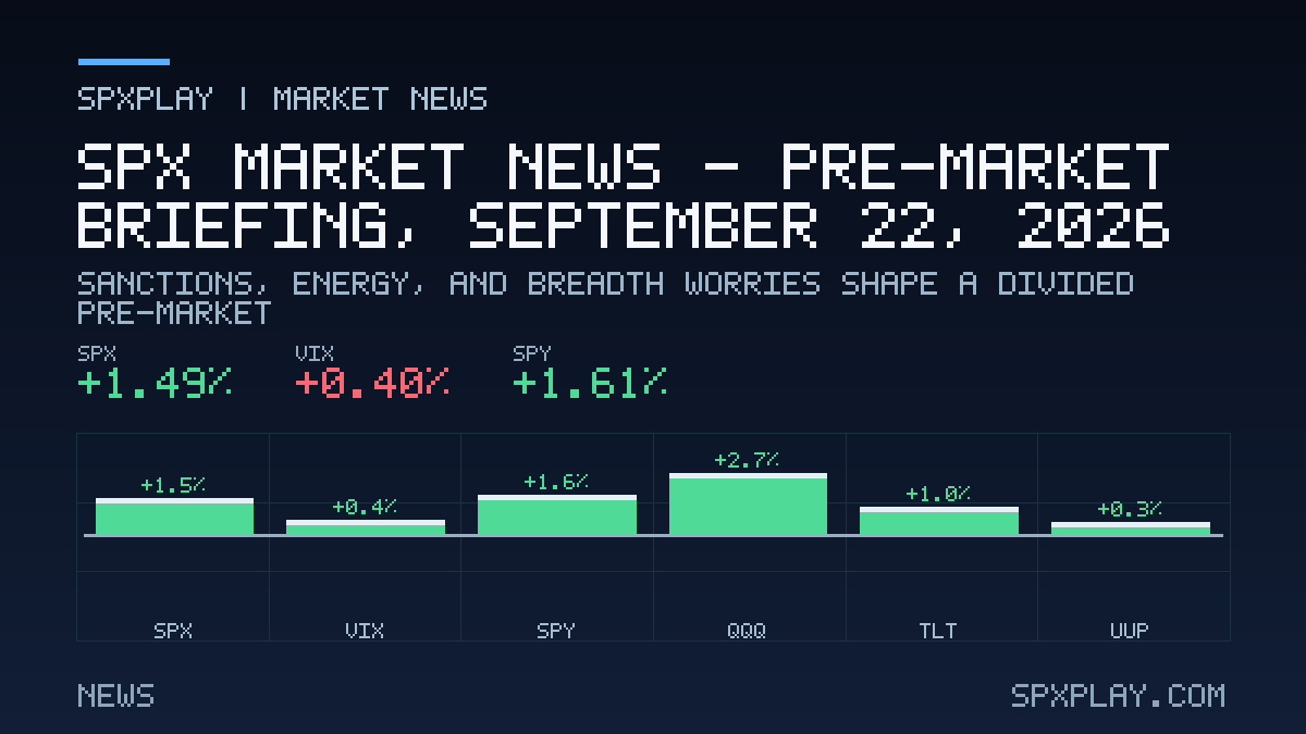 Market news graphic for SPX Market News — Pre-market briefing, September 22, 2026: Sanctions, Energy, and Breadth Worries Shape a Divided Pre-Market