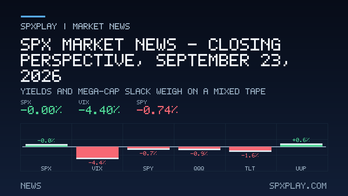 Market news graphic for SPX Market News — Closing perspective, September 23, 2026: Yields And Mega-Cap Slack Weigh On A Mixed Tape