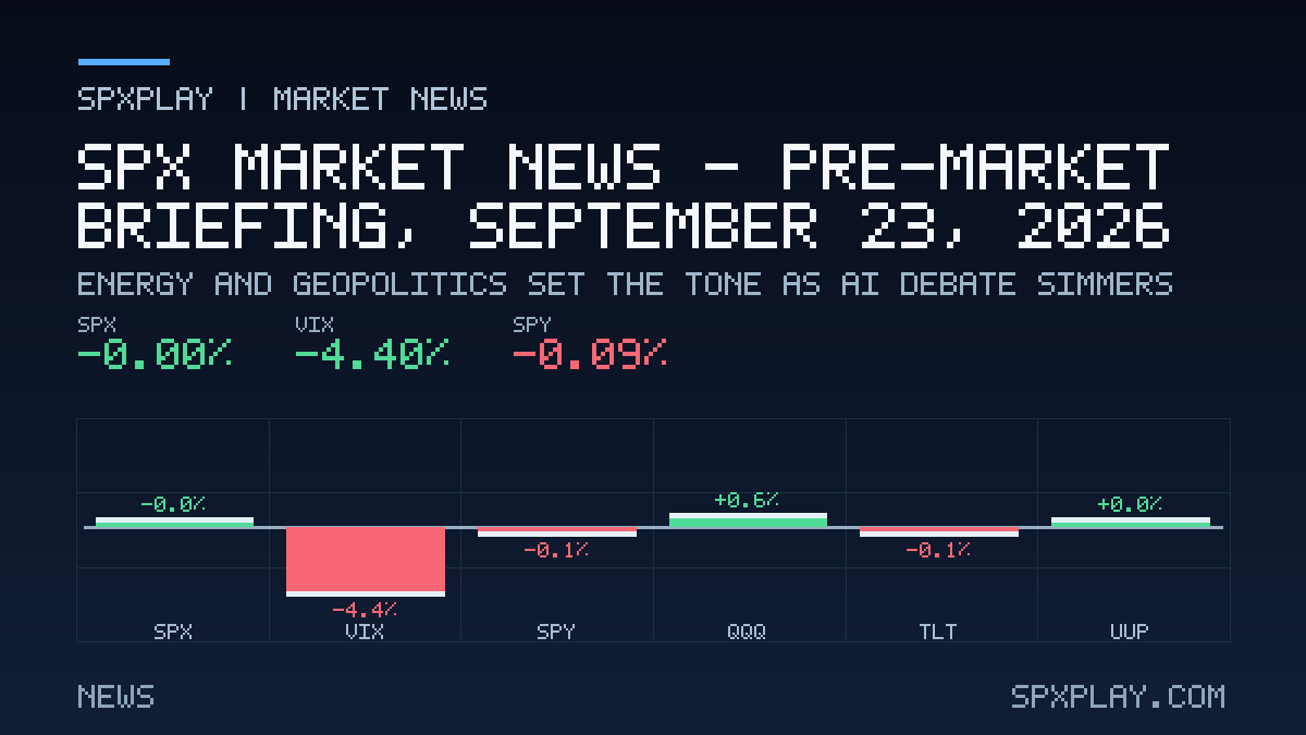 Market news graphic for SPX Market News — Pre-market briefing, September 23, 2026: Energy and Geopolitics Set the Tone as AI Debate Simmers