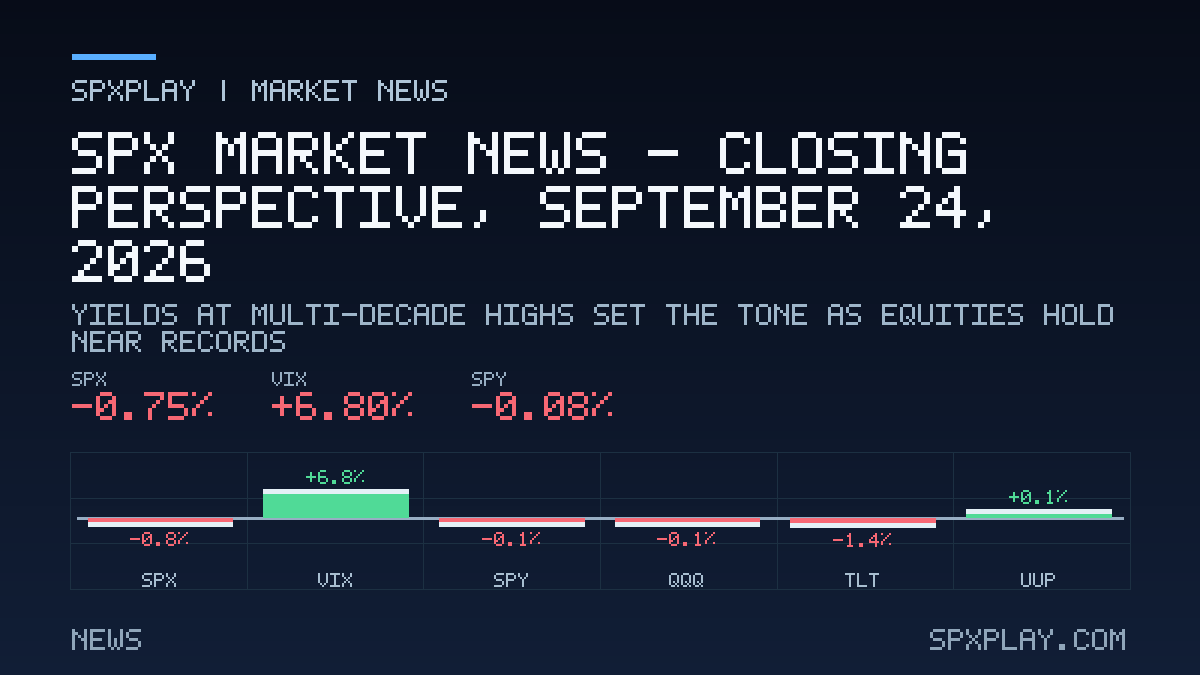 Market news graphic for SPX Market News — Closing perspective, September 24, 2026: Yields at multi-decade highs set the tone as equities hold near…