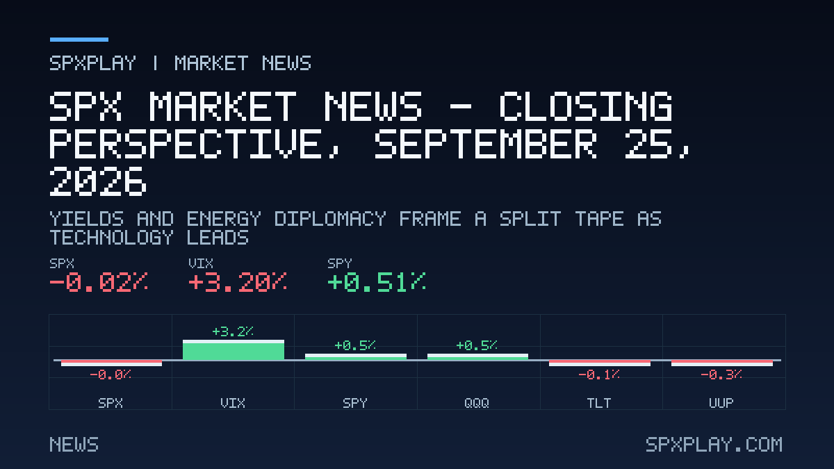 Market news graphic for SPX Market News — Closing perspective, September 25, 2026: Yields and Energy Diplomacy Frame a Split Tape as Technology Leads