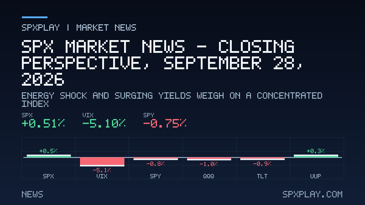 Market news graphic for SPX Market News — Closing perspective, September 28, 2026: Energy Shock And Surging Yields Weigh On A Concentrated Index