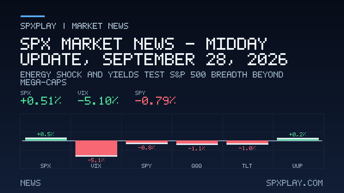 Market news graphic for SPX Market News — Midday update, September 28, 2026: Energy Shock And Yields Test S&P 500 Breadth Beyond Mega-Caps