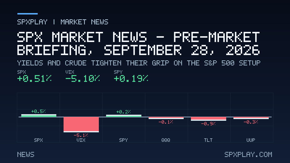 Market news graphic for SPX Market News — Pre-market briefing, September 28, 2026: Yields and Crude Tighten Their Grip on the S&P 500 Setup