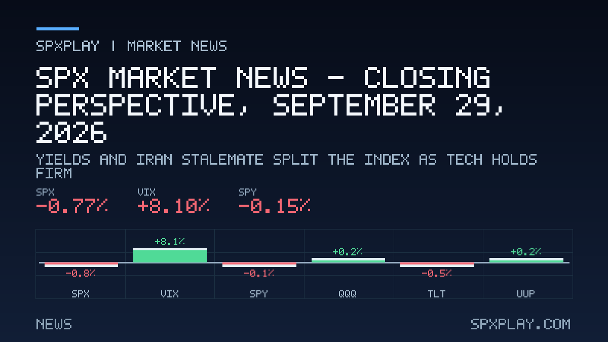 Market news graphic for SPX Market News — Closing perspective, September 29, 2026: Yields and Iran Stalemate Split the Index as Tech Holds Firm
