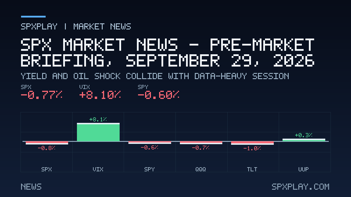 Market news graphic for SPX Market News — Pre-market briefing, September 29, 2026: Yield and Oil Shock Collide With Data-Heavy Session